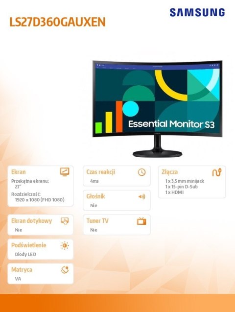 Monitor 27 cali S36GD VA 1920x1080 FHD 16:9 1xD-sub 1xHDMI 4 ms 100Hz zakrzywiony 1800R 2Yd2d (LS27D360GAUXEN) Monitor 27 cali S36GD VA 1920x1080 FHD 16:9 1xD-sub 1xHDMI 4 ms 100Hz zakrzywiony 1800R 2Yd2d (LS27D360GAUXEN)