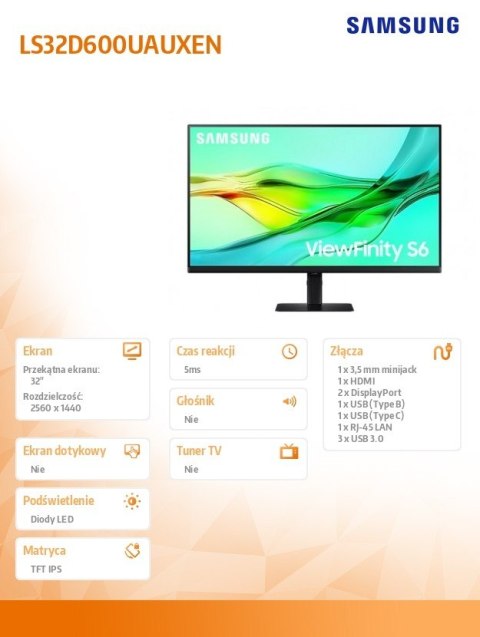 Monitor 32 cale ViewFinity S60UD IPS 2560x1440 WQHD 16:9 1xHDMI 2xDP 1xUSB-C 90W 3xUSB-A 5ms PinP/PbyP 100Hz HAS+PIV płaski 3YOn