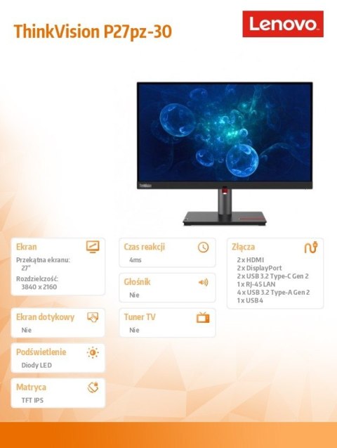 Monitor ThinkVision P27pz-30 27 cali 63E4GAT2EU Monitor ThinkVision P27pz-30 27 cali 63E4GAT2EU