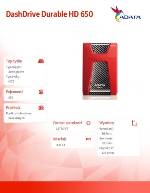 DashDrive Durable HD650 2TB 2.5'' USB3.1 Czerwony DashDrive Durable HD650 2TB 2.5'' USB3.1 Czerwony