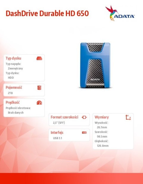 DashDrive Durable HD650 2TB 2.5'' USB3.1 Niebieski DashDrive Durable HD650 2TB 2.5'' USB3.1 Niebieski