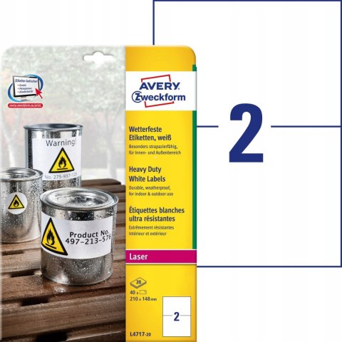 Etykieta A4 foliowa(20 arkuszy)210x148mm trwała 75g L4717-20 AVERY ZWECKFORM Etykieta A4 foliowa(20 arkuszy)210x148mm trwała 75g L4717-20 AVERY ZWECKFORM