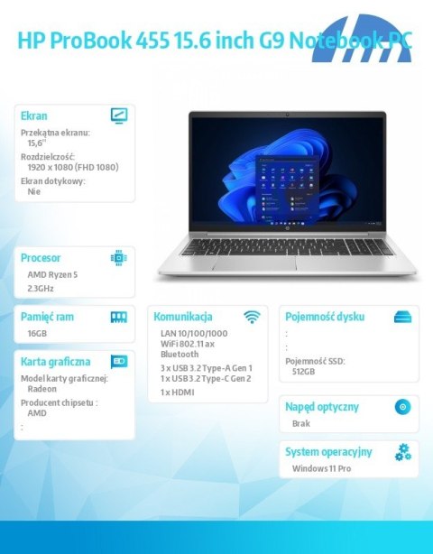 Notebook ProBook 455 G9 R5-5625U 512GB/16GB/W11P/15.6 9M3U3AT Notebook ProBook 455 G9 R5-5625U 512GB/16GB/W11P/15.6 9M3U3AT