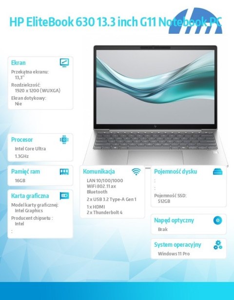 Notebook EliteBook 630 G11 U5-125U 512GB/16GB/W11P/13.3 A37VMET Notebook EliteBook 630 G11 U5-125U 512GB/16GB/W11P/13.3 A37VMET