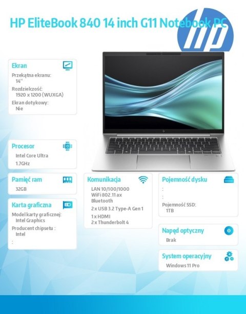 Notebook EliteBook 840 G11 U7-155U 1TB/32GB/W11P/14.0 9G0V7ET Notebook EliteBook 840 G11 U7-155U 1TB/32GB/W11P/14.0 9G0V7ET