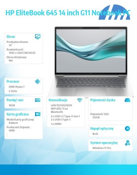 Notebook EliteBook 645 G11 Ryzen 7 PRO 7735U 512GB/16GB/W11Pro/14.0 A38D8ET Notebook EliteBook 645 G11 Ryzen 7 PRO 7735U 512GB/16GB/W11Pro/14.0 A38D8ET