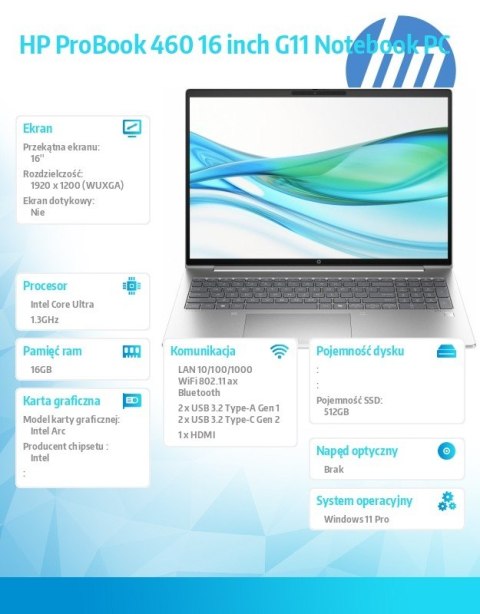 Notebook ProBook 460 G11 U5-125U 512GB/16GB/W11P/16 cali A38DMET Notebook ProBook 460 G11 U5-125U 512GB/16GB/W11P/16 cali A38DMET