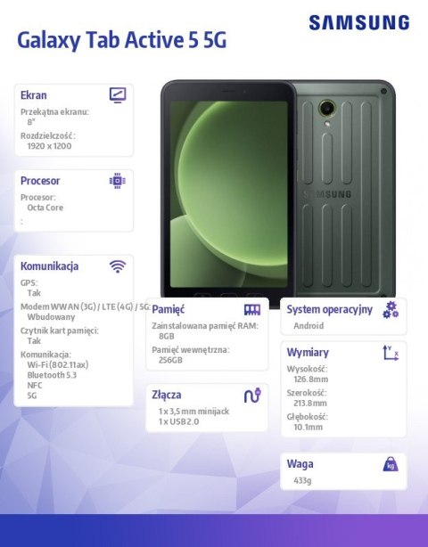 Tablet Galaxy Tab Active 5 5G 8 cali 8+256GB Enterprise Edition zielony