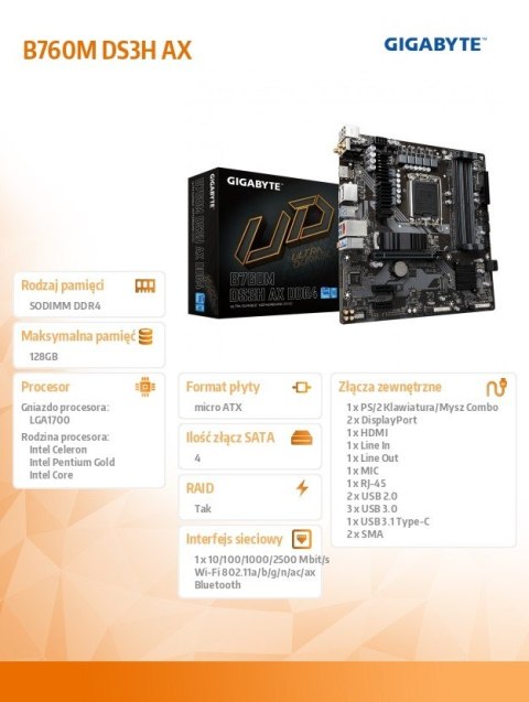 Płyta główna B760M DS3H AX s1700 4 DDR5 HDMI/DP/DSUB mATX Płyta główna B760M DS3H AX s1700 4 DDR5 HDMI/DP/DSUB mATX