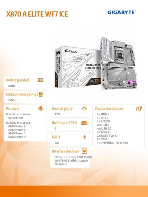 Płyta główna X870 A ELITE WF7 ICE AM 5 4DDR5 HDMI/USB-C ATX