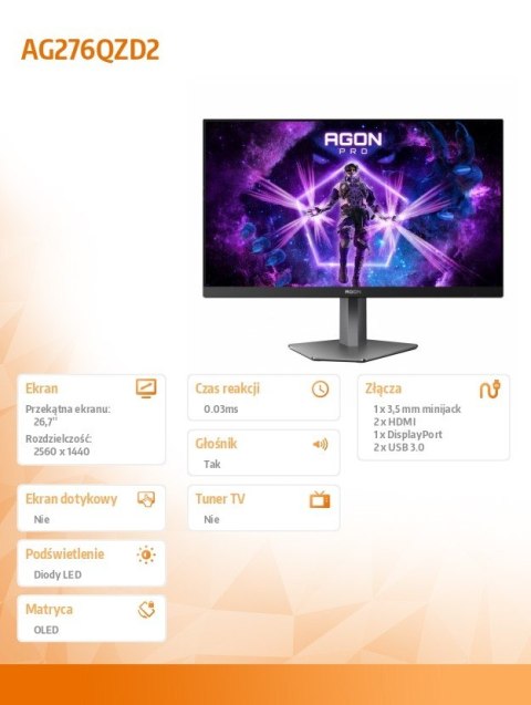 Monitor AG276QZD2 26.7 cala QD OLED 240Hz HDMIx2 DP Pivot Monitor AG276QZD2 26.7 cala QD OLED 240Hz HDMIx2 DP Pivot