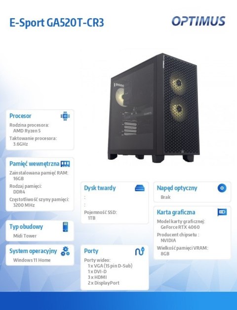 Komputer E-Sport GA520T-CR3 Ryzen 5 5600X/16GB/1TB/RTX 4060 OC 8GB/W11 Komputer E-Sport GA520T-CR3 Ryzen 5 5600X/16GB/1TB/RTX 4060 OC 8GB/W11