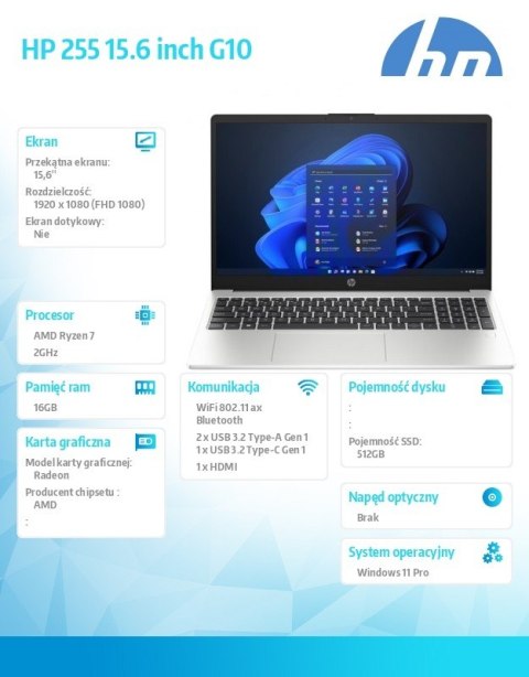 Notebook 255 G10 R7-7730U 512GB/16GB/W11Pro/15,6 cali AD1A9ET Notebook 255 G10 R7-7730U 512GB/16GB/W11Pro/15,6 cali AD1A9ET