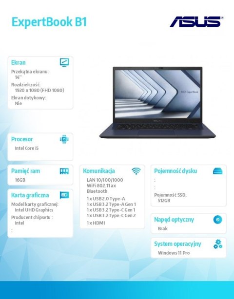 Notebook ExpertBook B1 B1402CVA-EB1301X - i5-1335U/16GB/512GB/14 FHD/Win 11 PRO/3YRS Notebook ExpertBook B1 B1402CVA-EB1301X - i5-1335U/16GB/512GB/14 FHD/Win 11 PRO/3YRS
