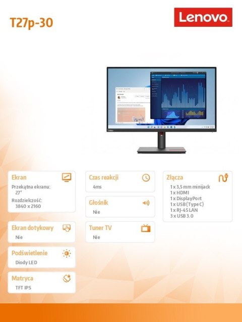 Monitor 27 cali ThinkVision T27p-30 63A9GAT1EU Monitor 27 cali ThinkVision T27p-30 63A9GAT1EU
