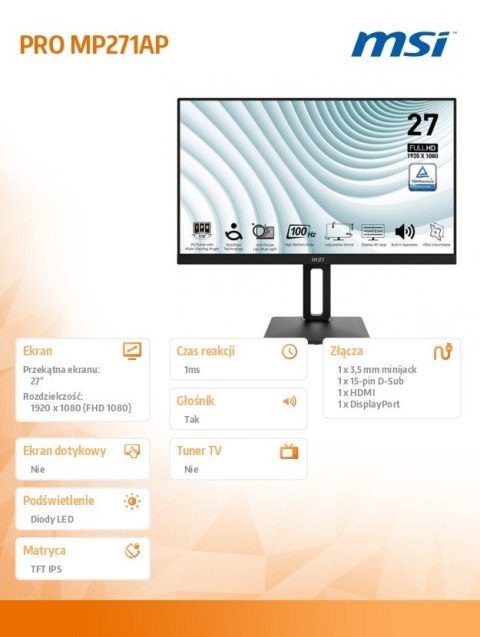 Monitor PRO MP271AP 27 cali /LED/FHD/Flat/100Hz/Black Monitor PRO MP271AP 27 cali /LED/FHD/Flat/100Hz/Black