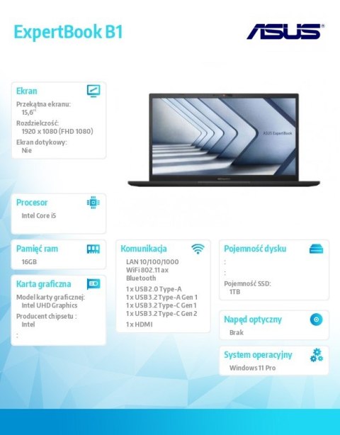 Notebook ExpertBook B1 B1502CVA-BQ1516X - i5-1335U/16GB/1TB/15.6" FHD/Win 11 PRO/3YRS Notebook ExpertBook B1 B1502CVA-BQ1516X - i5-1335U/16GB/1TB/15.6" FHD/Win 11 PRO/3YRS