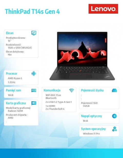 Ultrabook ThinkPad T14s G4 21F80025PB W11Pro 7540U/16GB/512GB/INT/14.0 WUXGA/Deep Black/3YRS Premier SUpport + CO2 Offset Ultrabook ThinkPad T14s G4 21F80025PB W11Pro 7540U/16GB/512GB/INT/14.0 WUXGA/Deep Black/3YRS Premier SUpport + CO2 Offset