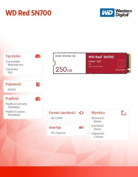 Dysk SSD WD Red 250GB SN700 2280 NVMe M.2 PCIe Dysk SSD WD Red 250GB SN700 2280 NVMe M.2 PCIe
