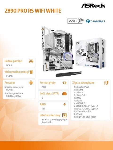 Płyta główna Z890 PRO RS WIFI WHITE ATX Płyta główna Z890 PRO RS WIFI WHITE ATX