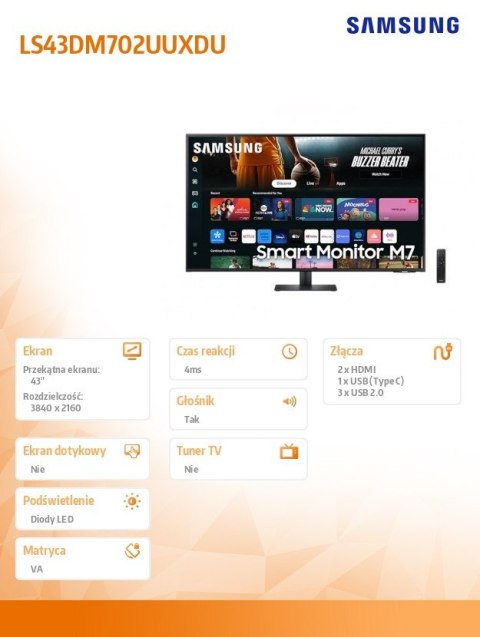 Monitor 43 cale SMART M70D VA 3840x2160 UHD 16:9 2xHDMI 3xUSB 2.0 1xUSB-C (65W) 4ms 60Hz WiFi/BT głośniki płaski 2Yd2d Monitor 43 cale SMART M70D VA 3840x2160 UHD 16:9 2xHDMI 3xUSB 2.0 1xUSB-C (65W) 4ms 60Hz WiFi/BT głośniki płaski 2Yd2d