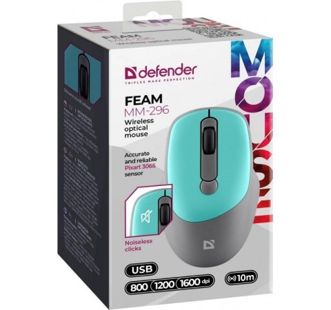 Mysz bezprzewodowa silent click FEAM MM-296 RF 1600 DPI Miętowa Mysz bezprzewodowa silent click FEAM MM-296 RF 1600 DPI Miętowa