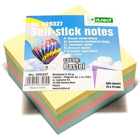 Bloczek samoprzylepny 75x75mm 400k pastelowy 009327 D.RECT Bloczek samoprzylepny 75x75mm 400k pastelowy 009327 D.RECT