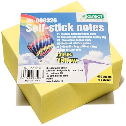 Bloczek samoprzylepny D.RECT 75x75mm żółty 400kartek 009326 LEVIATAN Bloczek samoprzylepny D.RECT 75x75mm żółty 400kartek 009326 LEVIATAN