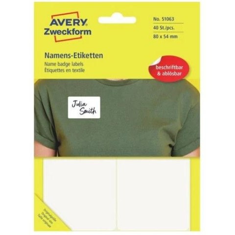Etykieta identyfikatory imienne 80x54mm(10 arkuszy = 40etykiet) Sztuczny jedwab 51063 AVERY ZWECKFORM Etykieta identyfikatory imienne 80x54mm(10 arkuszy = 40etykiet) Sztuczny jedwab 51063 AVERY ZWECKFORM