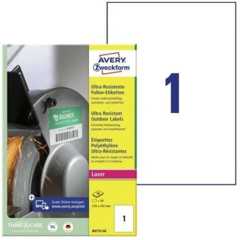 Etykiety A4 foliowe (50 arkuszy) 210x297mm ULTRA RESISTANT B4775-50 AVERY ZWECKFORM Etykiety A4 foliowe (50 arkuszy) 210x297mm ULTRA RESISTANT B4775-50 AVERY ZWECKFORM