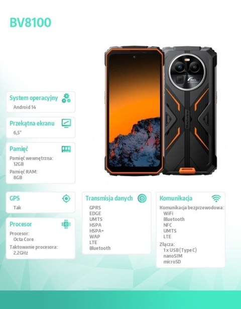 Smartfon BV8100 6.5" 8/256GB 8800 mAh Pomarańczowy Smartfon BV8100 6.5" 8/256GB 8800 mAh Pomarańczowy