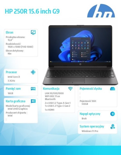 Notebook 250 G9 i3-1315U 512GB/16GB/W11Pro/15,6 cali AL0E4AT Notebook 250 G9 i3-1315U 512GB/16GB/W11Pro/15,6 cali AL0E4AT