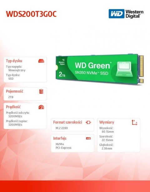 Dysk SSD Green 2TB M.2 2280 SN350 NVMe PCIe Dysk SSD Green 2TB M.2 2280 SN350 NVMe PCIe