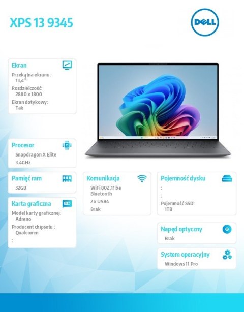 Notebook XPS 13 9345 Win11Pro XELITE12C/32GB/1TB/13.4 OLED Touch/UMA GPU/FgrPr/FHD/IR Cam/Mic/WLAN + BT/Backlit Kb/3 Cell/3Y Bas Notebook XPS 13 9345 Win11Pro XELITE12C/32GB/1TB/13.4 OLED Touch/UMA GPU/FgrPr/FHD/IR Cam/Mic/WLAN + BT/Backlit Kb/3 Cell/3Y Bas