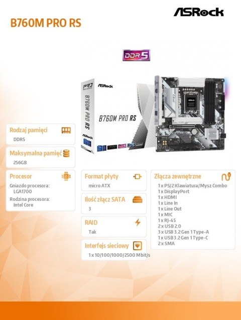 Płyta główna B760M Pro RS s1700 4DDR5 DP/HDMI mATX Płyta główna B760M Pro RS s1700 4DDR5 DP/HDMI mATX