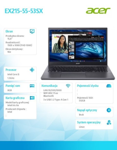 Laptop Extensa 15 EX215-55-53SX i5-1235U 15.6 FHD 8GB 512GB Linux Laptop Extensa 15 EX215-55-53SX i5-1235U 15.6 FHD 8GB 512GB Linux