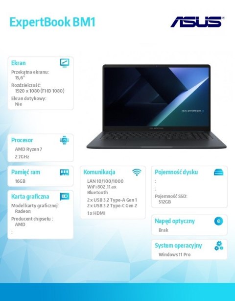 Notebook ExpertBook BM1 BM1503CDA-S70067X - R7 7735U/16GB/512GB/15.6 FHD/Win 11 PRO/3YRS Notebook ExpertBook BM1 BM1503CDA-S70067X - R7 7735U/16GB/512GB/15.6 FHD/Win 11 PRO/3YRS