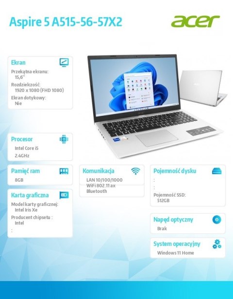 Notebook Aspire 5 A515-56-57X2 i5-1135G7 15.6 FHD 8GB 512GB W11H Notebook Aspire 5 A515-56-57X2 i5-1135G7 15.6 FHD 8GB 512GB W11H