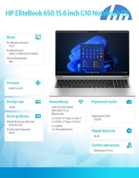 Notebook EliteBook 650 G10 i5-1335U 512GB/16GB/W11P/15.6 968M9ET Notebook EliteBook 650 G10 i5-1335U 512GB/16GB/W11P/15.6 968M9ET