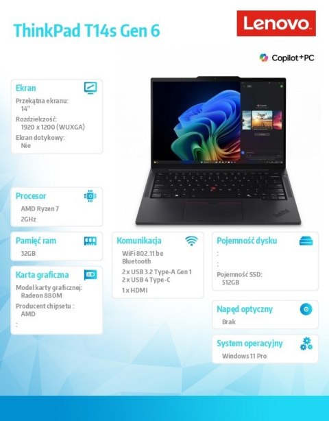 Ultrabook ThinkPad T14s G6 W11Pro 7 PRO 360/32GB/512GB/INT/14.0 WUXGA/Black/3YRS Premier Support + CO2 Offset Ultrabook ThinkPad T14s G6 W11Pro 7 PRO 360/32GB/512GB/INT/14.0 WUXGA/Black/3YRS Premier Support + CO2 Offset