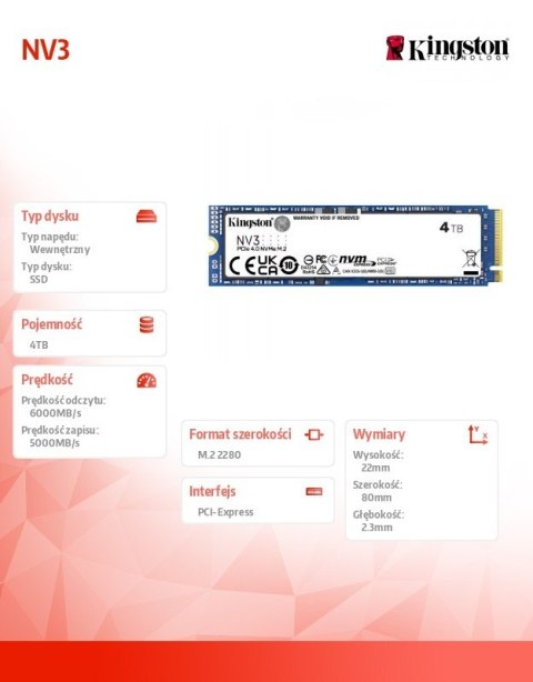 Dysk SSD NV3 4TB M.2 2280 PCI-e 4.0 NVMe 6000/5000 Dysk SSD NV3 4TB M.2 2280 PCI-e 4.0 NVMe 6000/5000