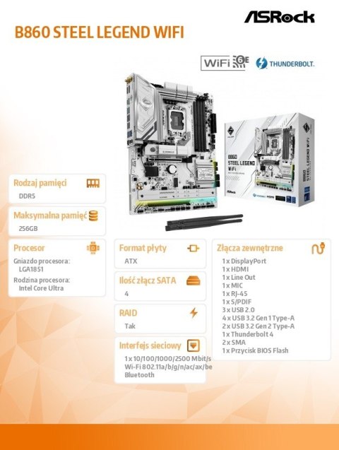 Płyta główna B860 Steel Legend WiFi s1851 4DDR5 TB ATX Płyta główna B860 Steel Legend WiFi s1851 4DDR5 TB ATX