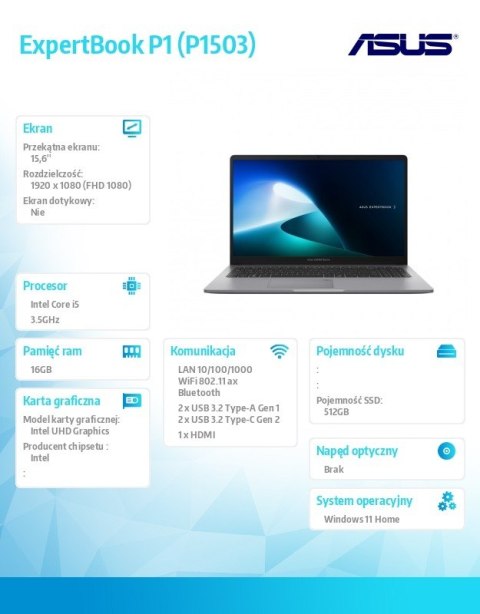 Notebook P1 P1503CVA-S70461W - i5-13500H/16GB/512GB/15,6 FHD/Win 11 Home/3YRS Notebook P1 P1503CVA-S70461W - i5-13500H/16GB/512GB/15,6 FHD/Win 11 Home/3YRS