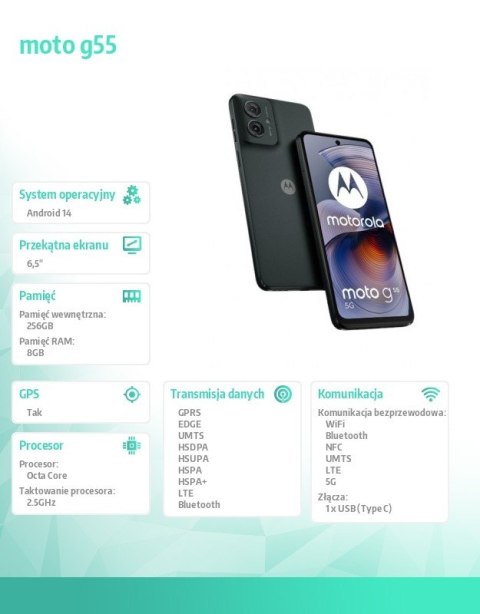 Smartfon moto g55 5G 8/256GB Grey z kompletem akcesoriów w zestawie Smartfon moto g55 5G 8/256GB Grey z kompletem akcesoriów w zestawie