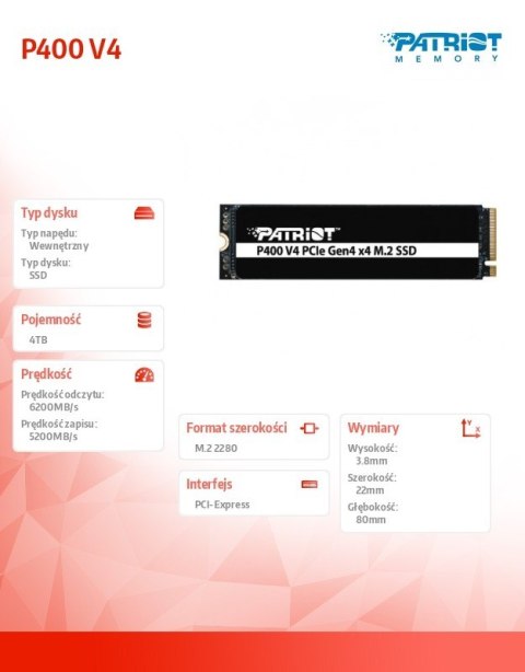 Dysk SSD 4TB P400 V4 6200/5200 MB/s M.2 PCIe Gen4 x4 NVMe 2.0 Dysk SSD 4TB P400 V4 6200/5200 MB/s M.2 PCIe Gen4 x4 NVMe 2.0