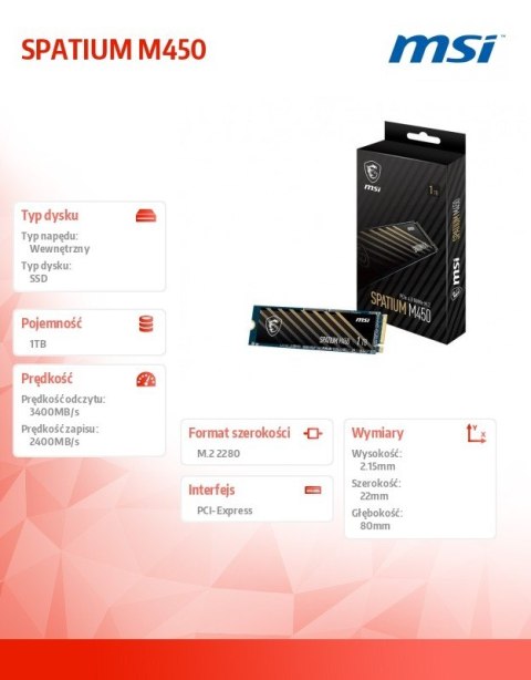 Dysk SPATIUM M450 1TB V1 M.2 PCIe4 3600/3000MB/s Dysk SPATIUM M450 1TB V1 M.2 PCIe4 3600/3000MB/s