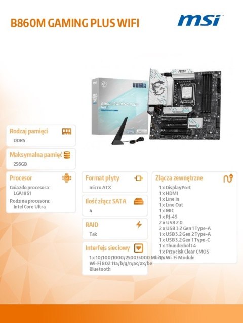 Płyta główna B860M GAMING PLUS WIFI s1851 4DDR5 ATX Płyta główna B860M GAMING PLUS WIFI s1851 4DDR5 ATX