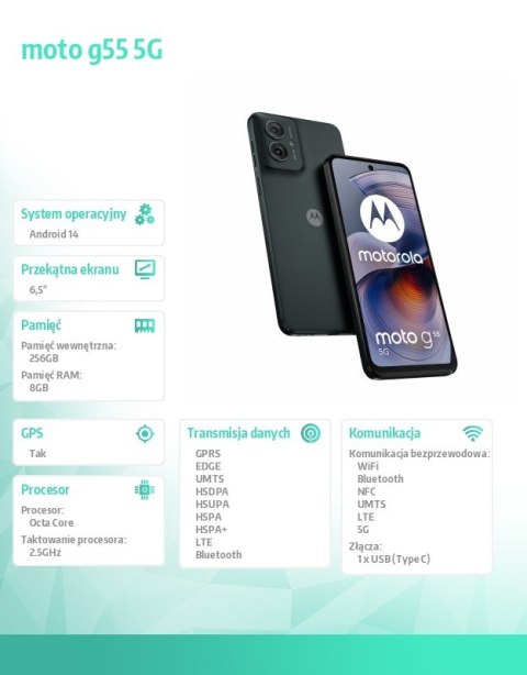 Smartfon moto g55 5G 8/256GB Grey z kompletem akcesoriów w zestawie Smartfon moto g55 5G 8/256GB Grey z kompletem akcesoriów w zestawie