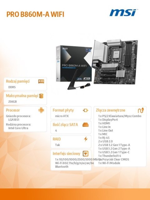 Płyta główna PRO B860M-A WIFI s1851 4DDR5 mATX Płyta główna PRO B860M-A WIFI s1851 4DDR5 mATX