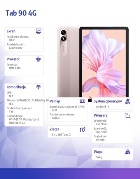 Tablet TAB 90 4G 10,92 cali 8/128GB Różowy Tablet TAB 90 4G 10,92 cali 8/128GB Różowy